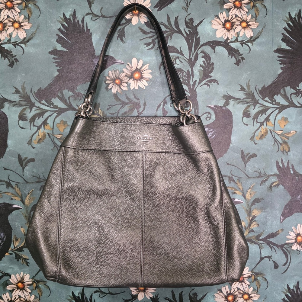 Coach Lexy F38879 Metallic Gunmetal Pebble Leather Shoulder Bag Snake Detail